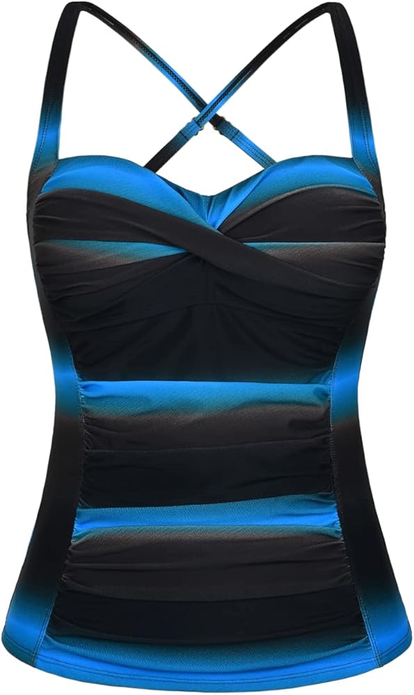 Hilor Women's Ruched Front Twist Tankini Tops Tummy Control Swimsuits Bathing Suits Retro Swim Tops