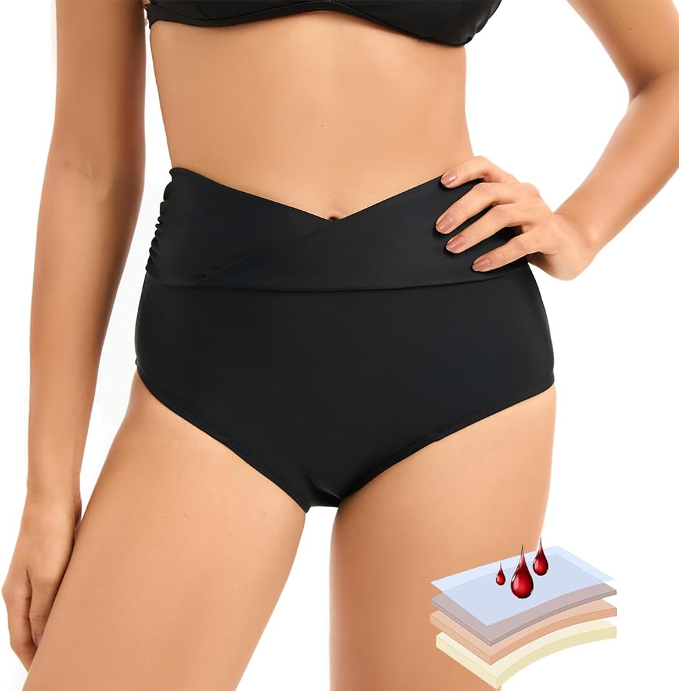 YELAIVP Period Swimwear Leakproof Bikini Bottom V Cut High Waisted Swim Bottoms for Teens, Girls, Women