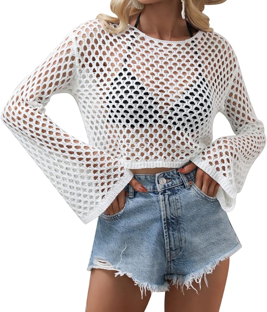 Women Hollow Out Crochet Knit Crop Tops Summer Beach Cover Up Bell Long Sleeve Rave Party Festivals Sweaters Tops