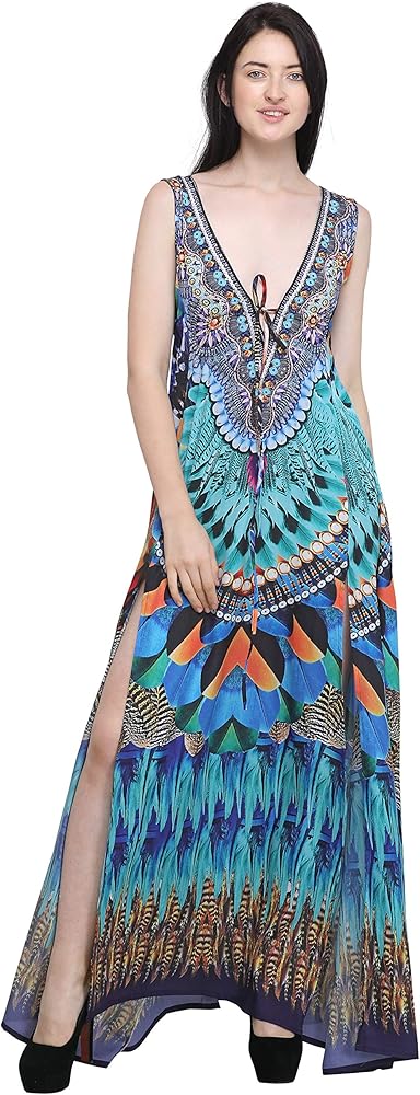 Sea Green Digital Printed Beachwear Multicolored Stones Womens Kaftan