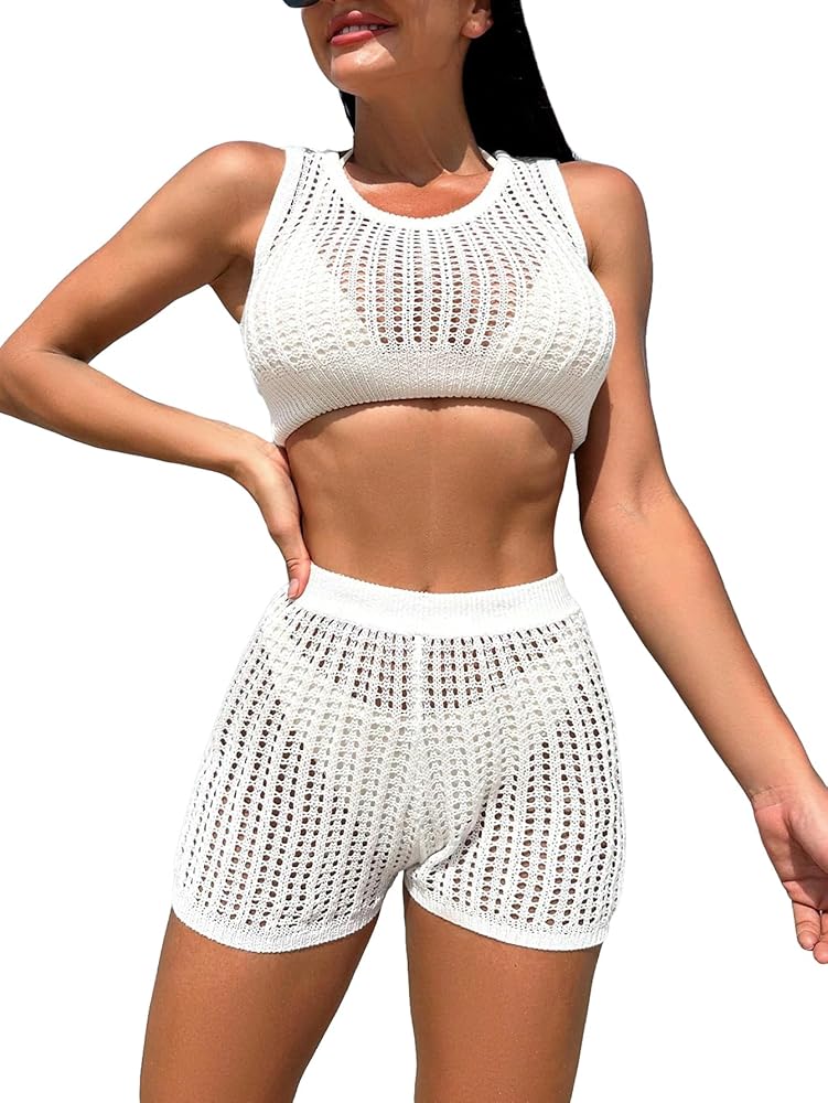 Verdusa Women's 2 Piece Hollow Out Crochet Cover Up Sets Tank Top and Shorts