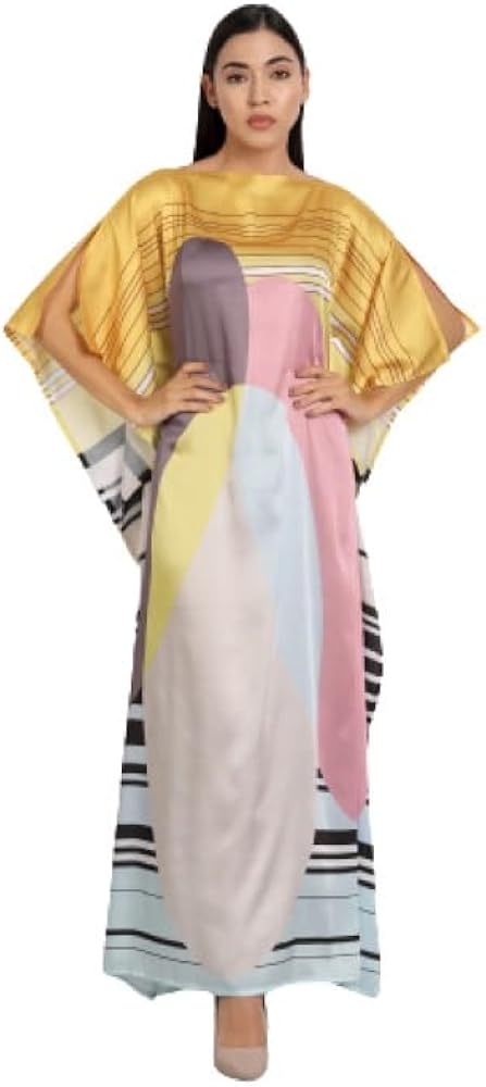 Women's Soft Satin Silk Calf Length Free Size Printed Kaftan (Yellow & Cream);Size :- Chest : 51, Length : 52 Inch - NLYM_J5683