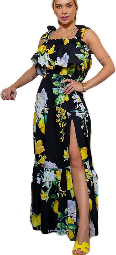 Women's Suspenders Ruffle Party Dress Casual Side Split Beach Long Maxi Dresses Split Skirt Beach Print Dress