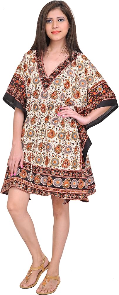 Short Kaftan with Printed Paisleys and Dori at Waist