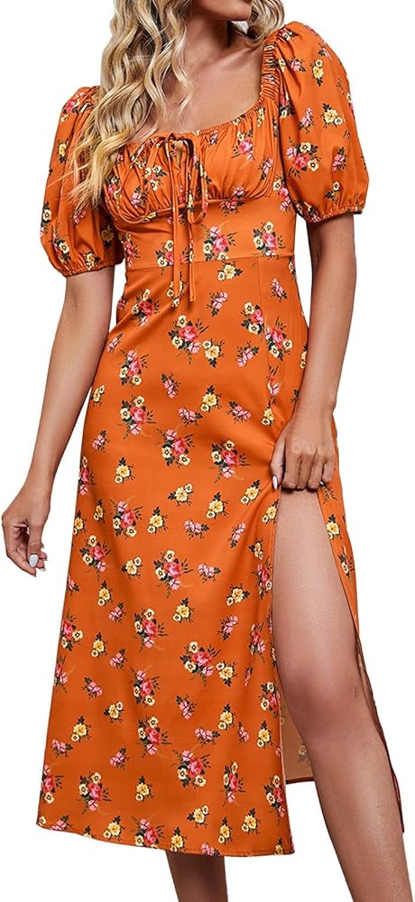 Women Casual Print Dress Short Sleeve Square Neck Split Dress Holiday Dress Beach Dress Plus Size Summer Dresses