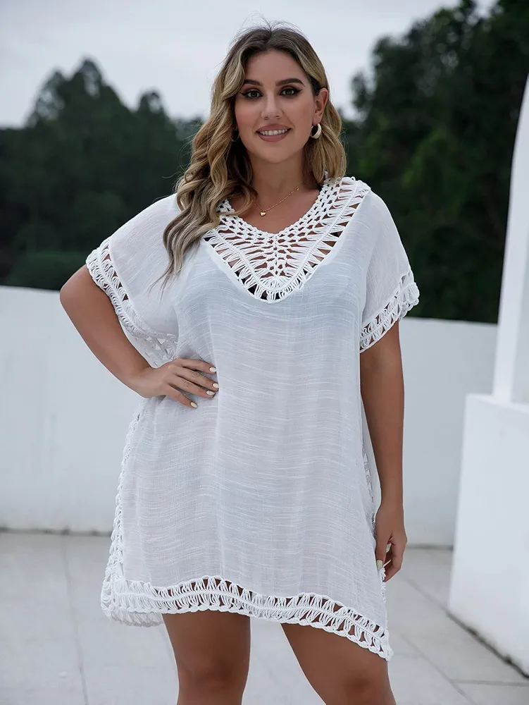 Plus Contrast Crochet Cover Up (Color : White, Size : X-Large)