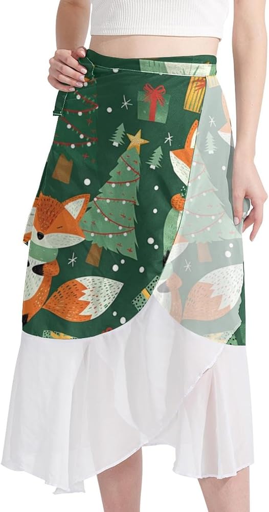 Cover Up Skirt, Women Beach Sarong, Semi-Sheer Swimwear Cover Ups, Christmas Cartoon Fox Animal Lovely Multicolor