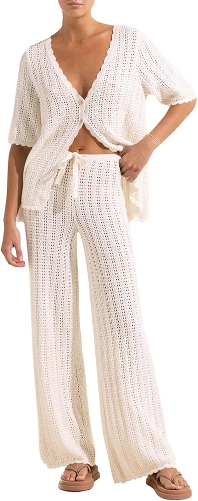 Imily Bela Women's Summer 2 Piece Swimsuit Cover up Crochet Knit Cardigan Tops Long Pants Set Bathing Suit Beach Outfit