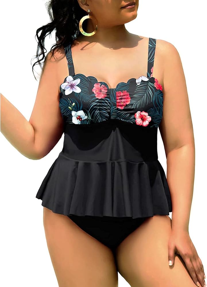 Yonique Women Plus Size 2 Piece Tankini Swimsuits Ruched Bathing Suits Peplum Swimwear Scalloped Swimsuits