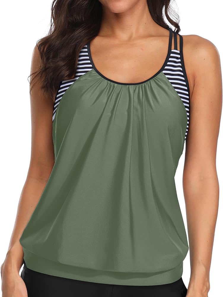 Yonique Womens Blouson Tankini Tops Only Double Up Swim Tops Sporty Bathing Suit Top No Bottoms