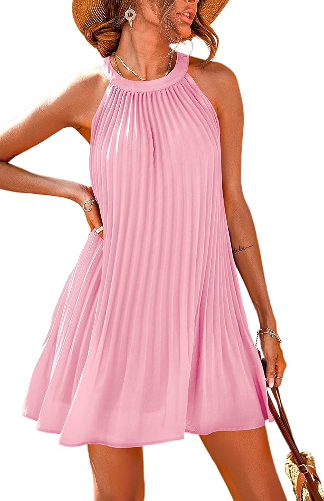 PRETTYGARDEN Womens Summer Dresses 2024 Cute Halter Neck Sleeveless Mini Dress Solid Color Flowy Pleated Beach Dress Sundress