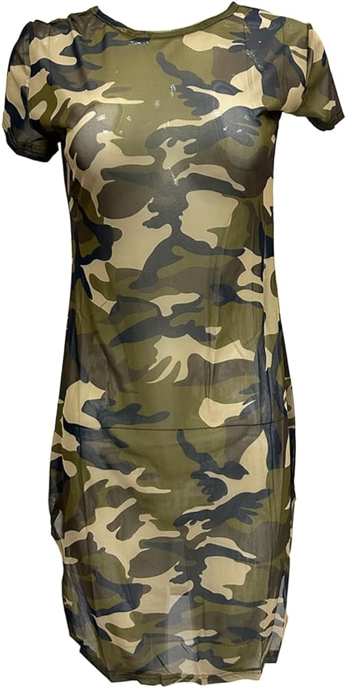 Womens Camouflage Mini Dress Sheer Mesh See Through Side Slit Summer Beach Sundresses Party Clubwear