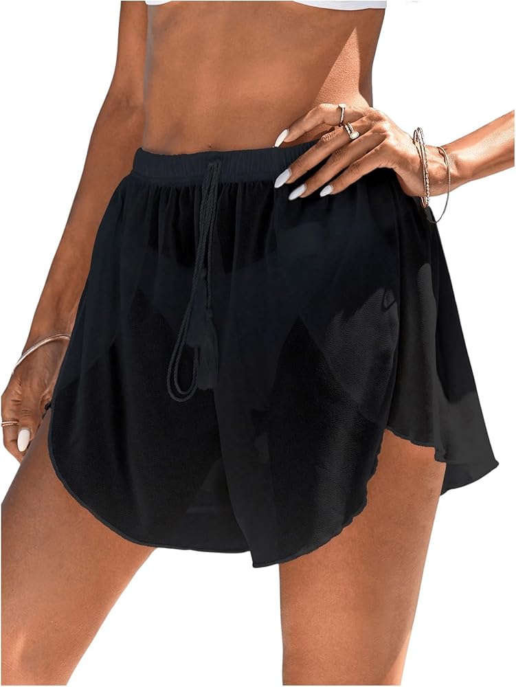 Verdusa Women's Tie Waist Split Asymmetrical Split Side Bikini Cover Up Shorts