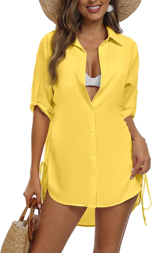 Bathing Suit Cover Up for Women Swimwear Drawstring Button Down Shirt Dress Beach Bikini Swimsuit Coverup