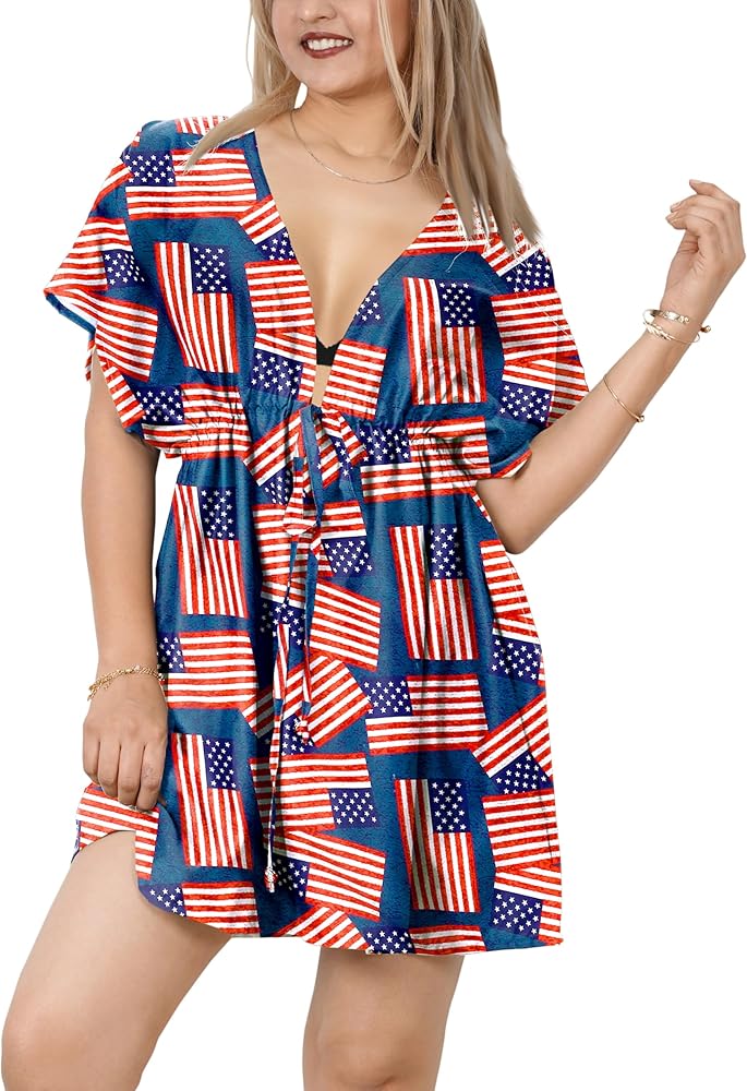 HAPPY BAY Women's Beachwear Bikini Mini Dress Patriotic Coverups Summer Swim Beach Cover Ups for Swimwear XL-XXL Red Patriotic Flag