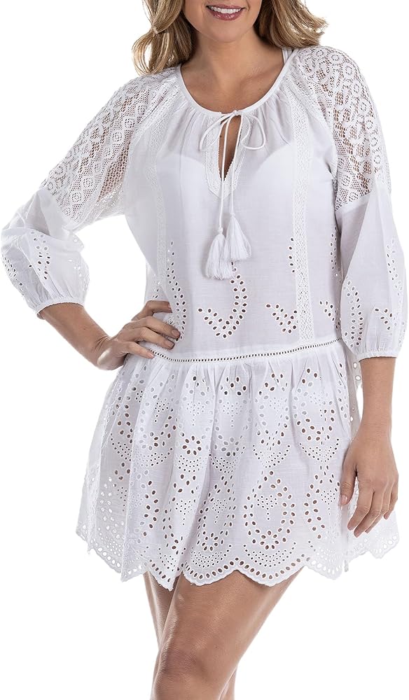 Kylie | Eyelet Dress (w/lace Sleeves and Low Crochet Trim)