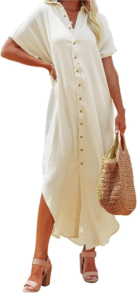 Beach Cover Ups for Women 2024, Summer Dresses Casual Short Sleeve Button Down Long Cardigans Swimsuit Dress