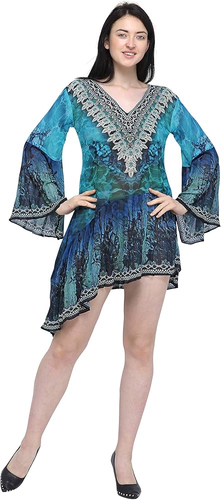 Sea Green Digital Printed Beachwear Multicolored Stones Womens Caftan