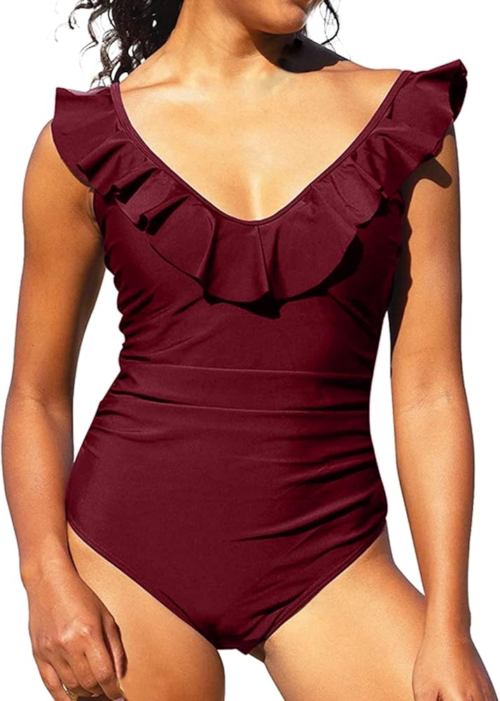 Women One Piece Swimsuit Ruffle V Neck Swimwear Padded Bathing Suit Beach Swimming Soaking Hot Sexy Little Swimsuit