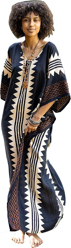 ELGA Kaftan Maxi Long Dress Soft Breathable Cotton-Rayon Fabric Tribal Black White African Patterns Boho Festival Elegant Shamanic