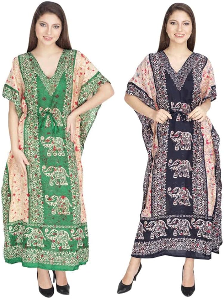 UKAL Combo Pack of 2 Women's Polyester Kaftan Dress Beach Cover Up Ladies Nightwear Nighty Gown Robe V-Neck Cover Up Dress (Free Size, Multicolor)