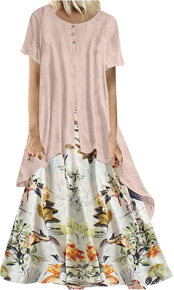 Summer Dress for Womens Floral Sleeveless Round-Neck Smocked Dress Bodycon Tie-Dye Party Maxi Dresses