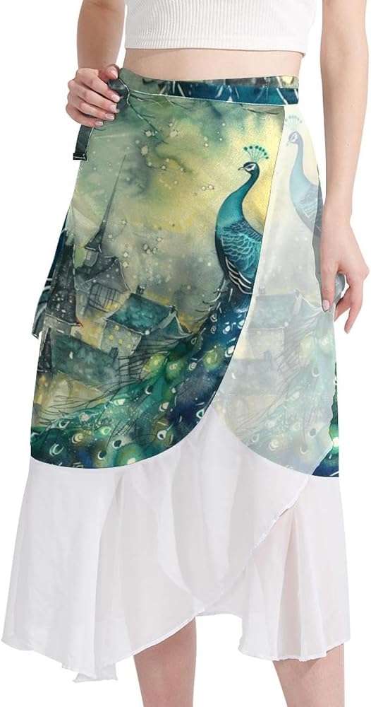 Beach Skirt, Womens Beach Cover Up Sarong, Semi-Sheer Swimwear Cover Ups, Peacock Art Abstract Multicolor