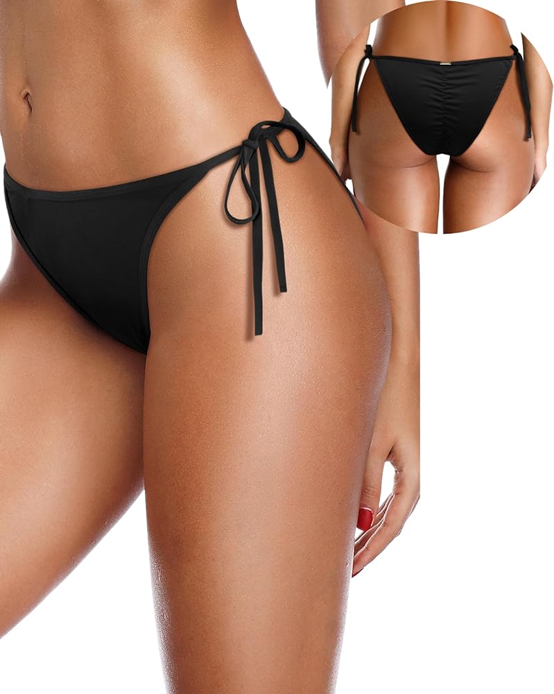 Zmart Women Tie Side Bikini Bottoms String Cheeky Bathing Suit Bottom Low Waist Ruched Scrunch Swimsuit Bottom