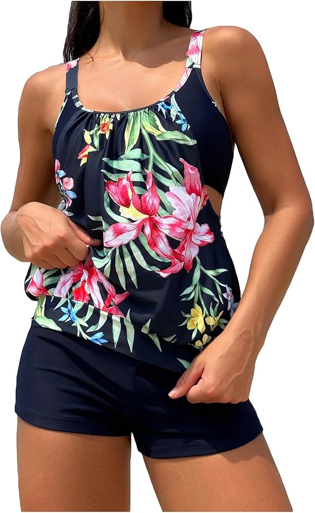 Floerns Women's 2 Piece Tankini Sets Tropical Print Scoop Neck with Shorts Bathing Suits