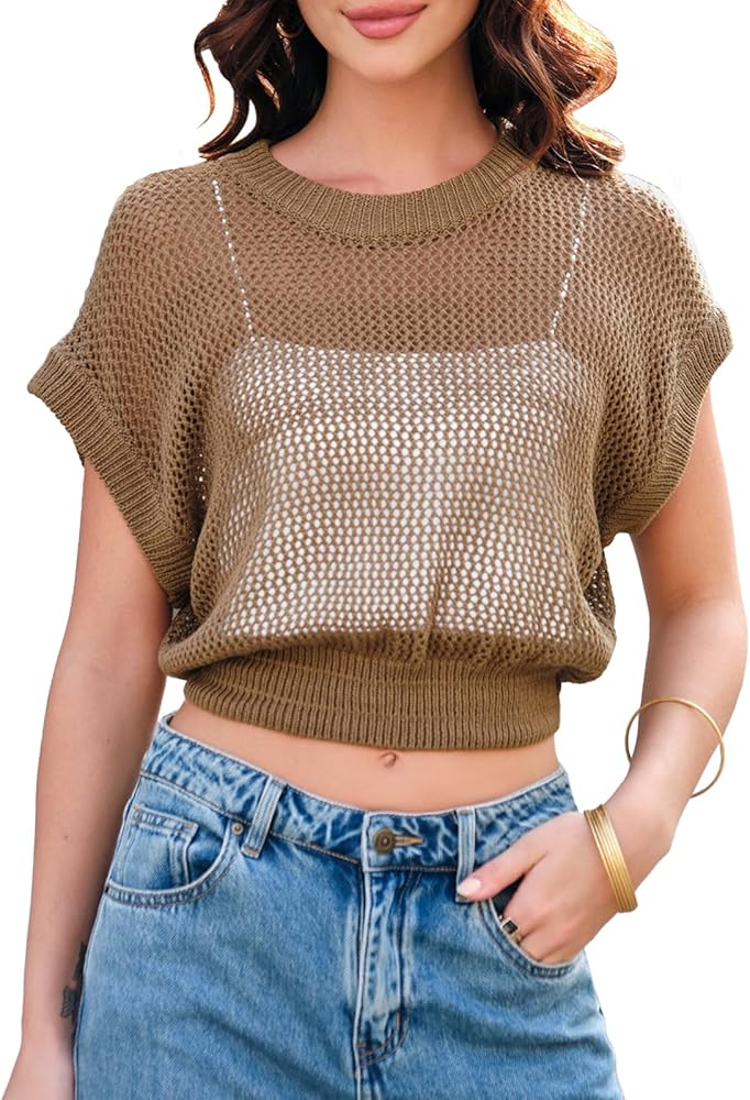 Saodimallsu Womens Mesh Fishnet Sheer Crop Tops Crochet See Through Crewneck Short Sleeve Hollow Out Beach Cover Ups