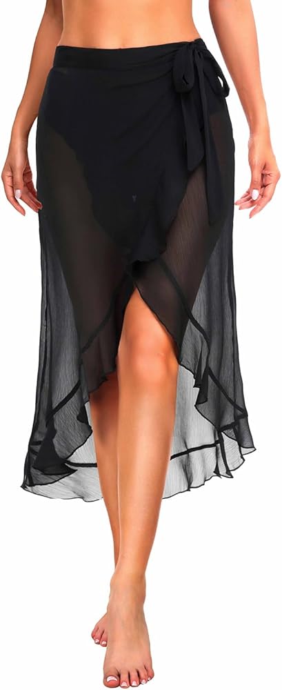 Pinup Fashion Women's Sheer Swimsuit Cover Up Chiffon Ruffle Beach Sarong Tie Side Wrap Long Skirt