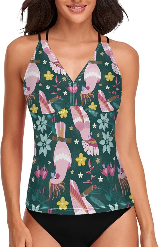 Parrots Tropical Flowers Leaves Womens Tankini Tops Only Cross Back Swimsuits Tops V Neck Shapewear Bathing Suits No Bottom