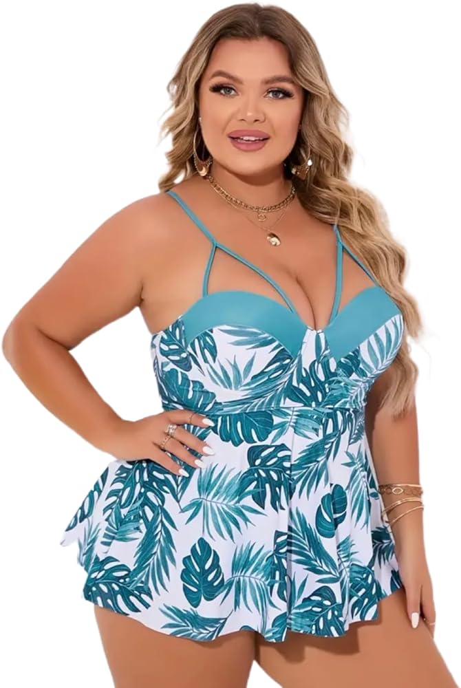 Women's Plus Size Tropical Print 2 Piece Tankini Set Teal White 2XL