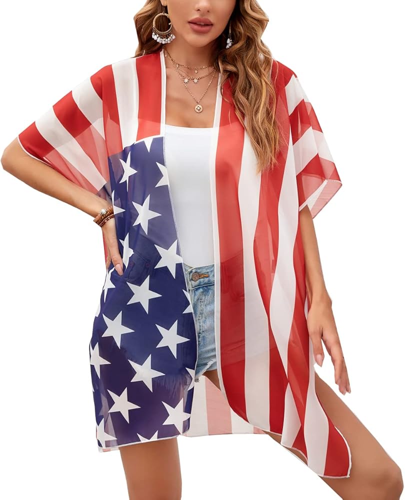 Women American Flag Kimono 4th of July Cover Up Lightweight Cardigan 4th of July Outfits for Women S-XXL