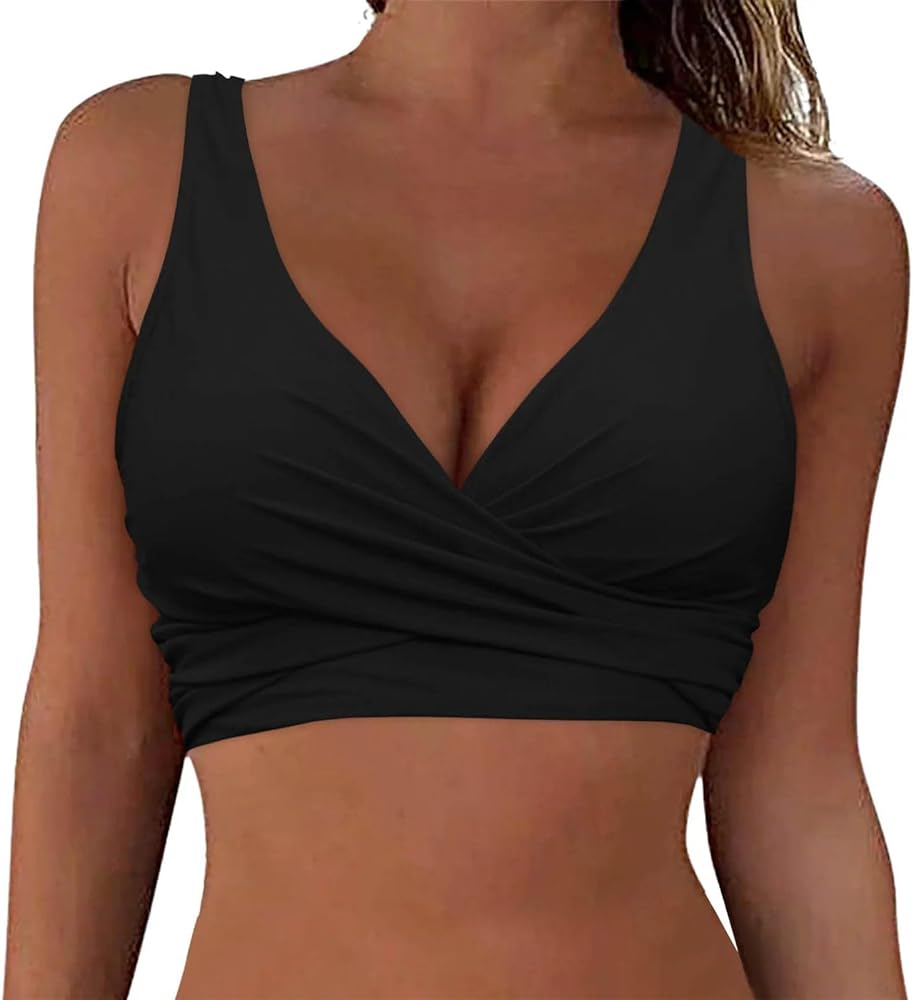 Tie Back Swim Tops for Women Wireless Tankini Top Twist Front Swimsuits Padded Bikini Tops, X-Large, A1-black