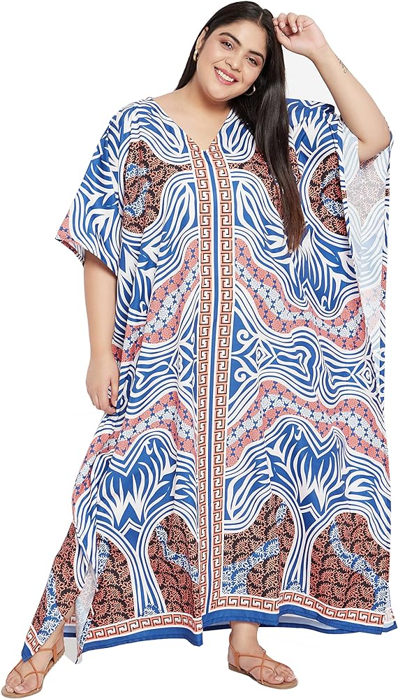 Women Polyester Plus Size Kimono Long Caftan Kaftan Dress Beach Cover Ups Summer Dresses for Ladies