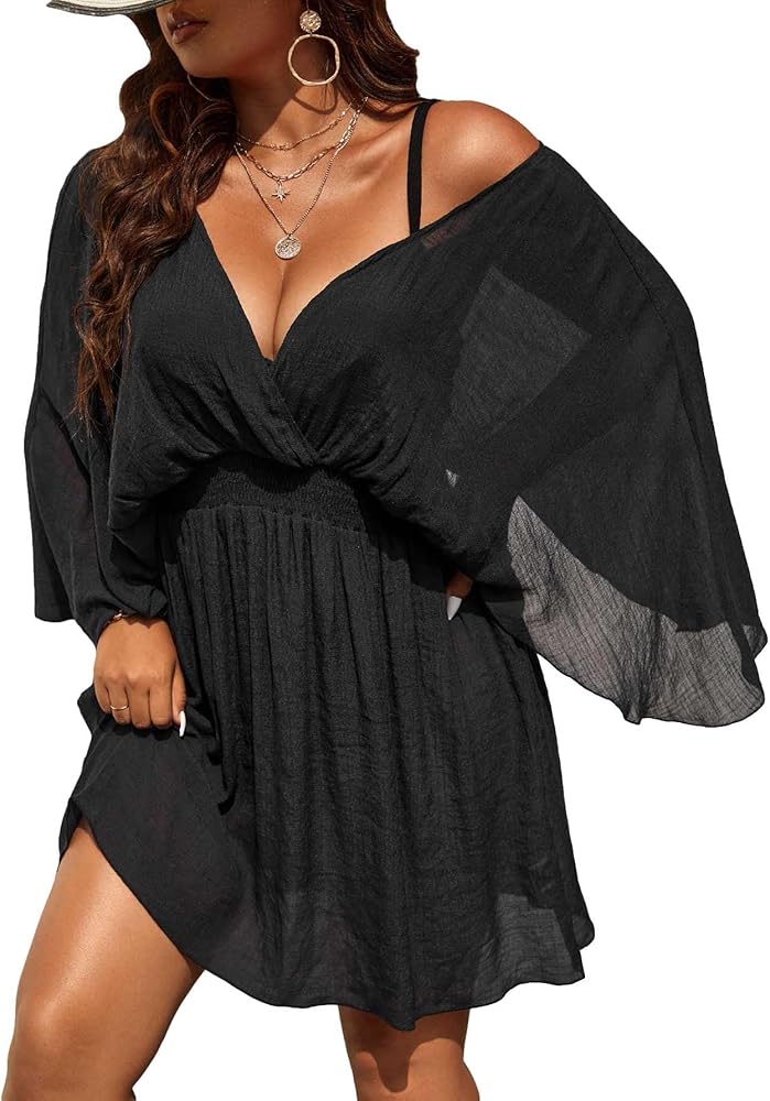 Verdusa Women's Plus Size Loose Cover Up Dress Long Sleeve Deep V Bikini Swimsuit Coverups