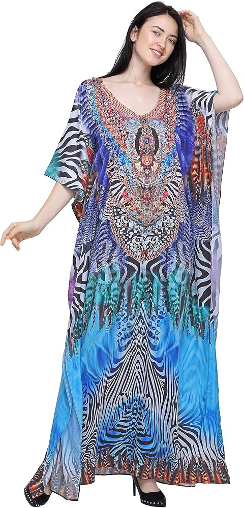 Blue Digital Printed Beachwear Multicolored Stones Womens Caftan