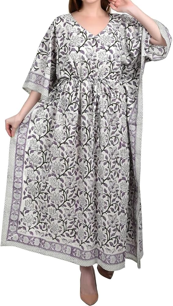 Fabric Venue Hand Block Print Cotton Summer Wear Dress Caftan Dress Beach Wear Floral Multi Color Caftan