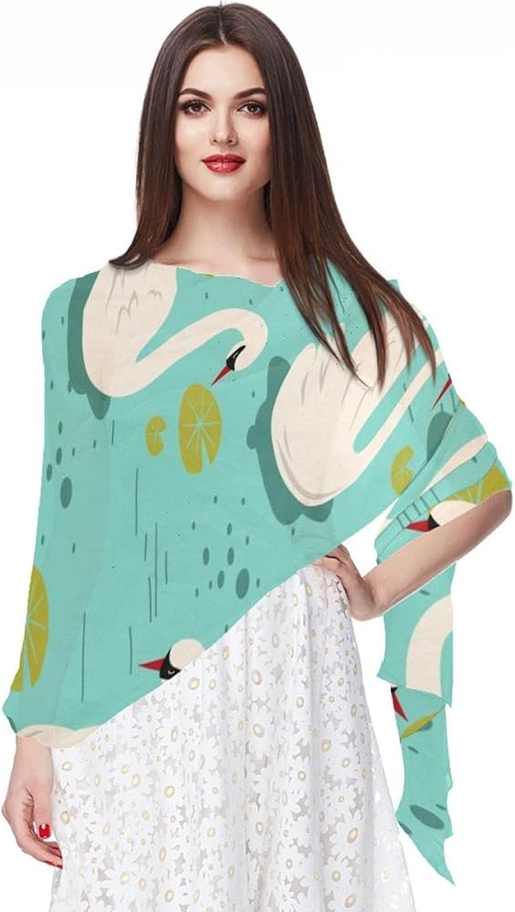 White Swan Pattern Swim In The Pool Blue Long Chiffon Scarf Silky Shawl Spring Summer Beach Wrap for Women Girls