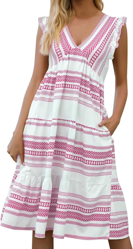 Women's Bohemian Striped Cake Skirt Fashion Summer V Neck Dress Flowy Maxi and Sleeveless Beachwear