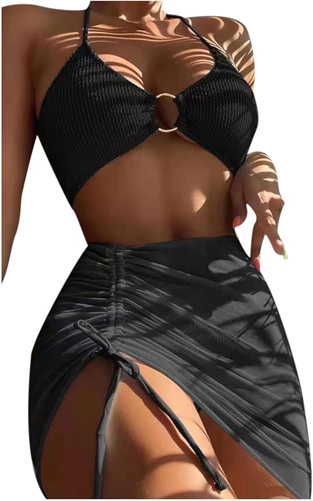 Womens 3 Piece Swimsuit Textured Halter Thong Bikini Sets with Mesh Drawstring Ruched Bodycon Beach Skirt Cover Up Black