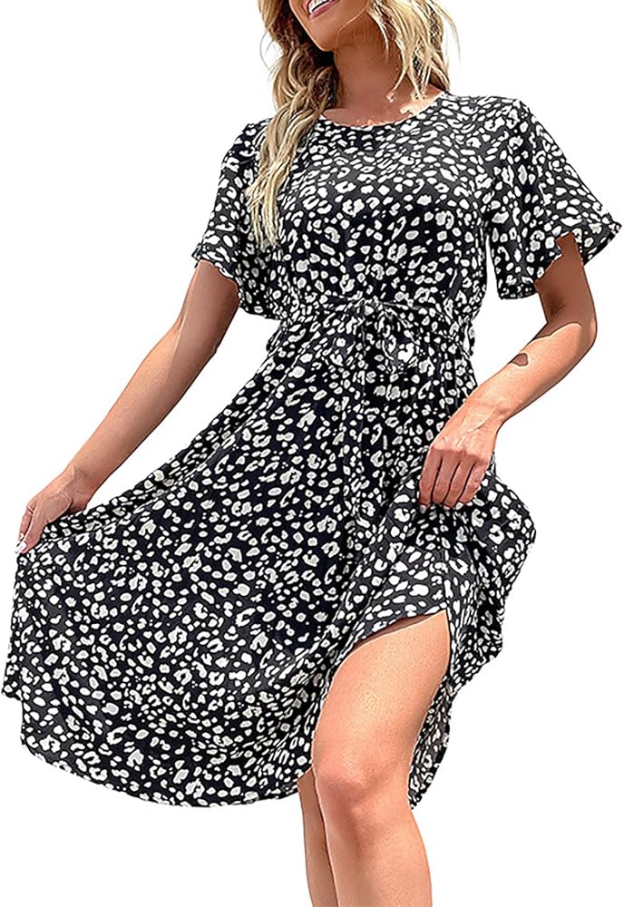 Women Floral Print Casual Crew Neck Short Sleeved A Line Beach Long Robe Dress Cute Shirt Dress