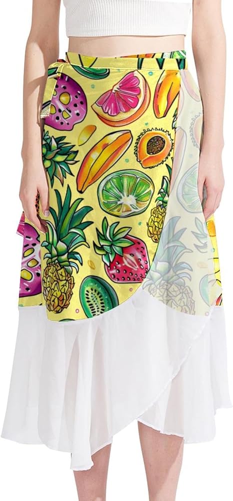 Beach Skirt, Swimsuit Coverups for Women, Semi-Sheer Swimwear Cover Ups, Cartoon Tropical Kiwifruit Pineapple Watermelon Banana