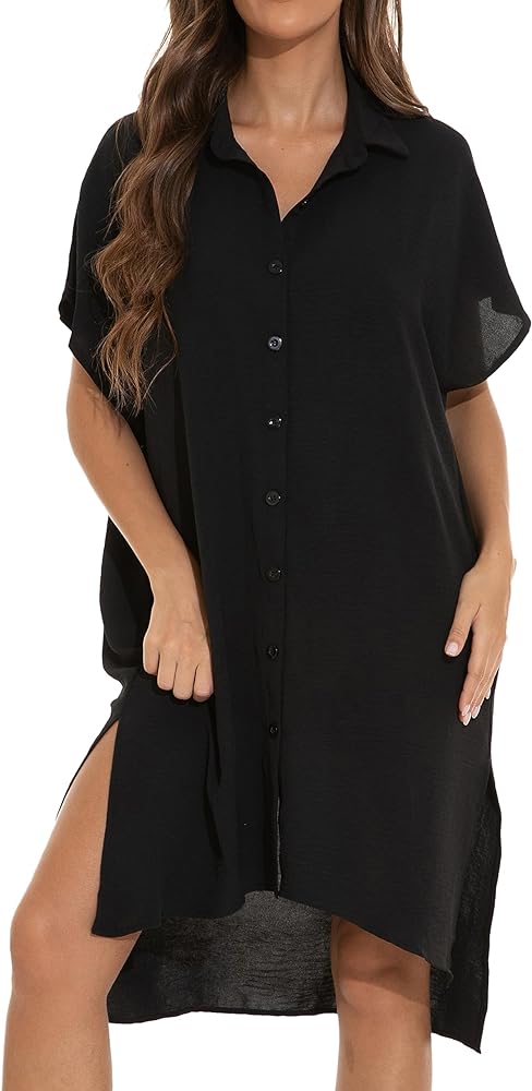 GUANYY Womens Casual Short Sleeve Side Split Button Down Swimsuit Cover Ups