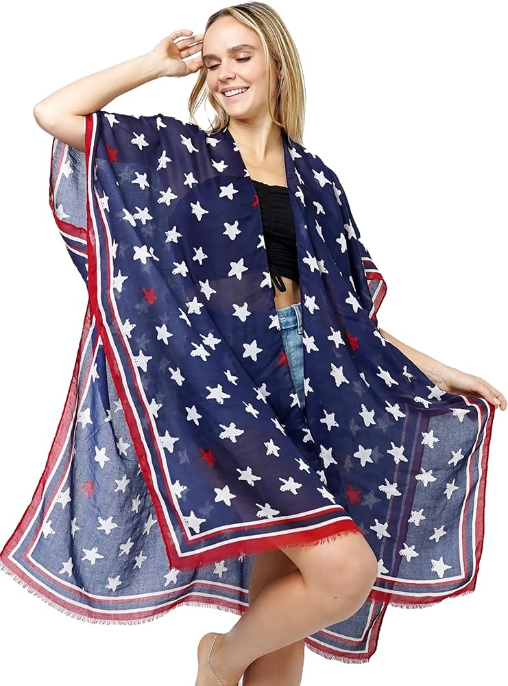 Women's Summer American Flag Beach Cover up Poncho Tunic Top Scarf Wrap.