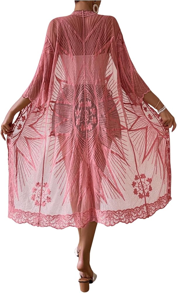 Floerns Women's Embroidery Sheer Mesh 3/4 Sleeve Swimwear Long Kimono Cardigan