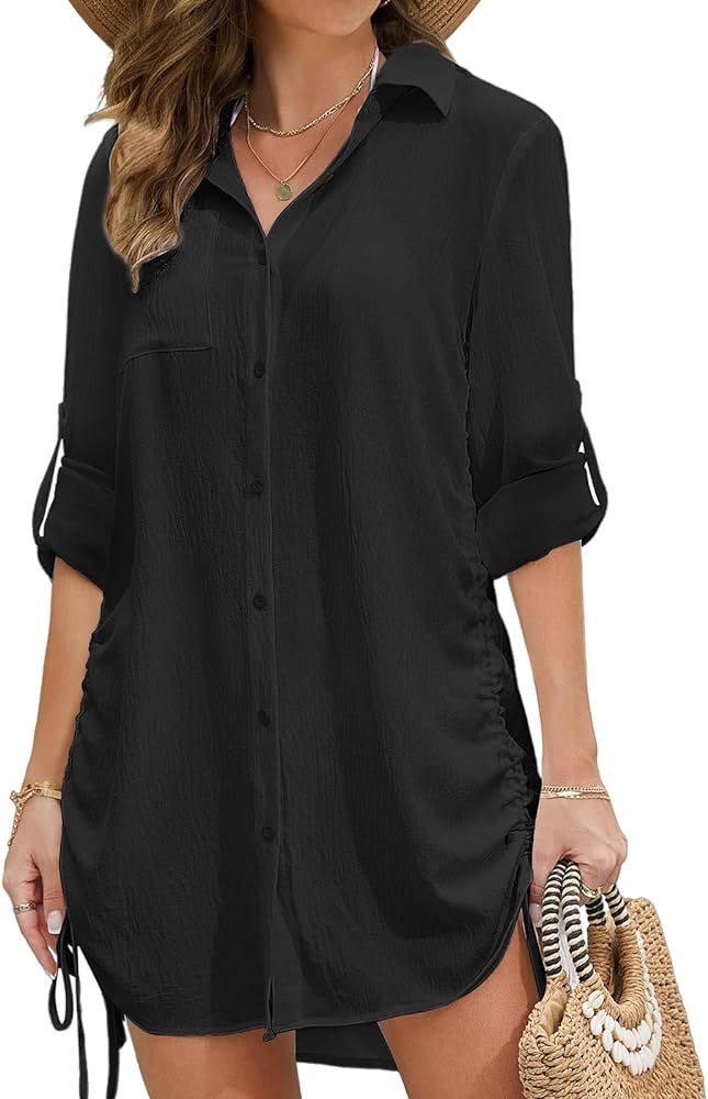 Swimsuit Coverups for Women Beach Shirts Swim Beach Cover Ups Drawstring Bathing Suit Cover Ups Button Down Shirt