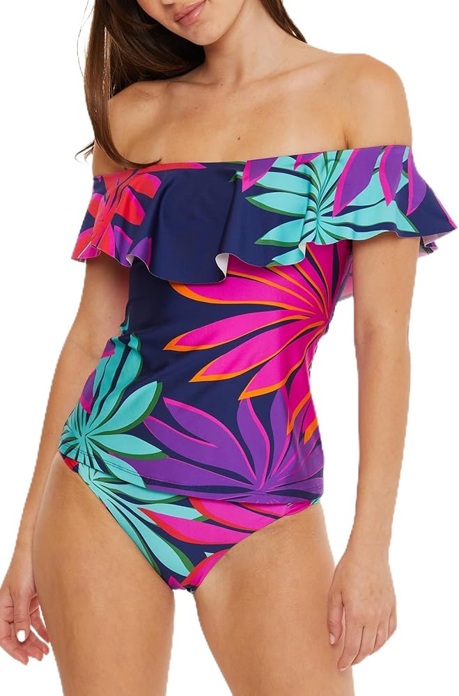 Trina Turk Women's Standard Wailea Ruffle Tankini, Off Shoulder, Beach Cover Ups