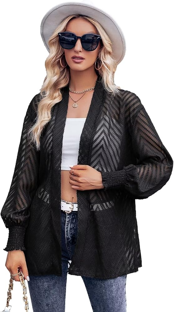 Womens Cardigan Chiffon Long Sleeve Open Front Coverup Lightweight Tops